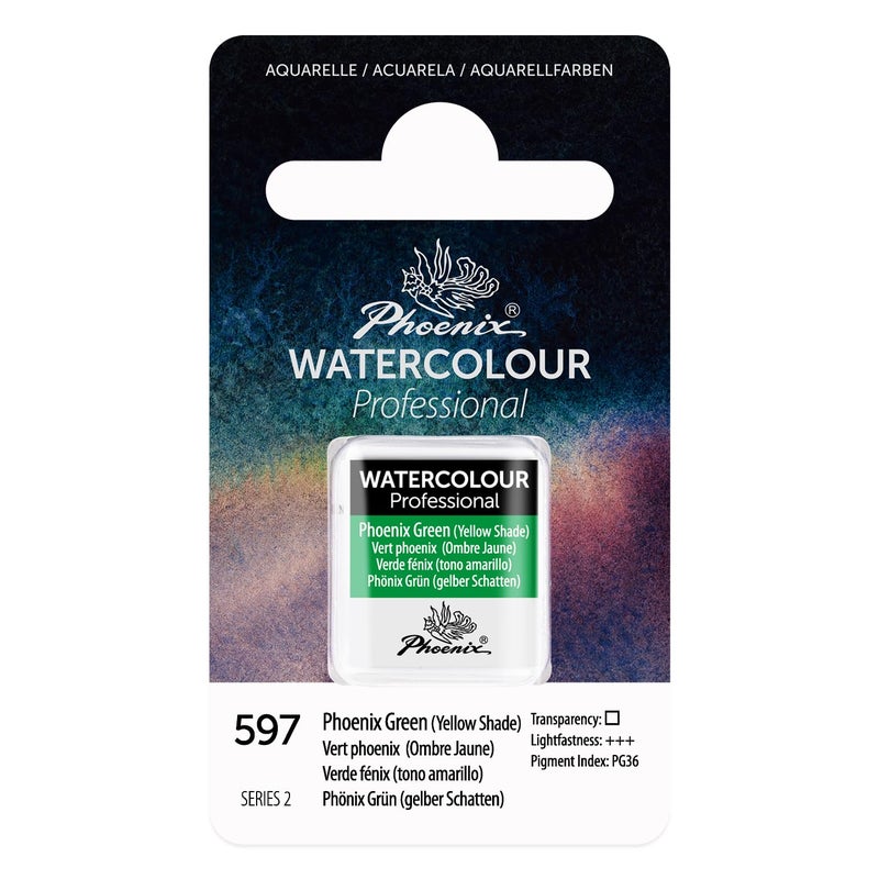 PHOENIX Professional Watercolor Paint - Single Watercolor Half Pan - Phoenix Green(Yellow Shade) 597 - Image 1